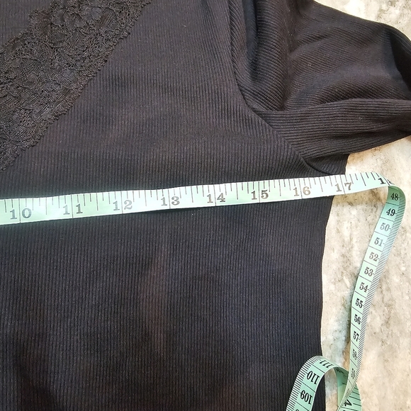 Lauren Ralph Lauren Black Ribbed Long Sleeve Lace V-Neck Top L Cotton Stretch - Picture 6 of 8